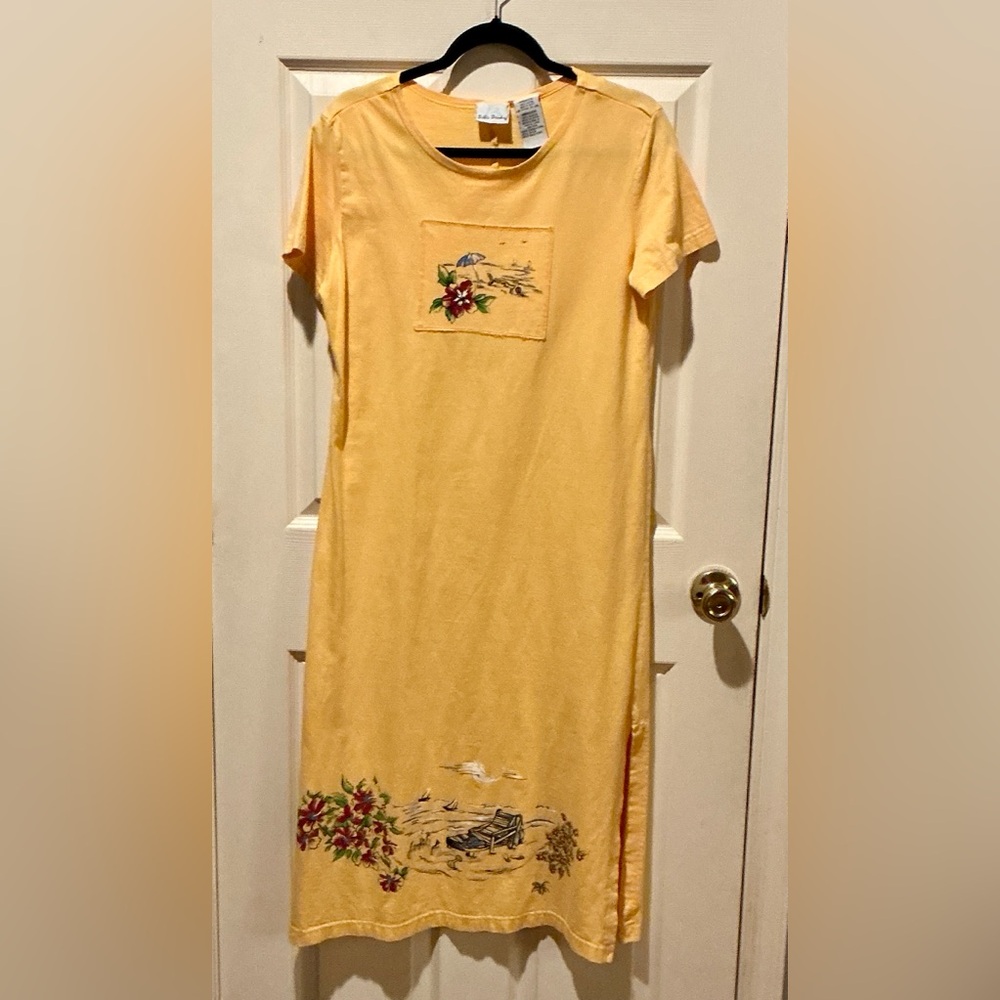 Brooks Boho Relaxed Casual Sunrise Maxi Dress Florida Beach Motif Side Slit MED